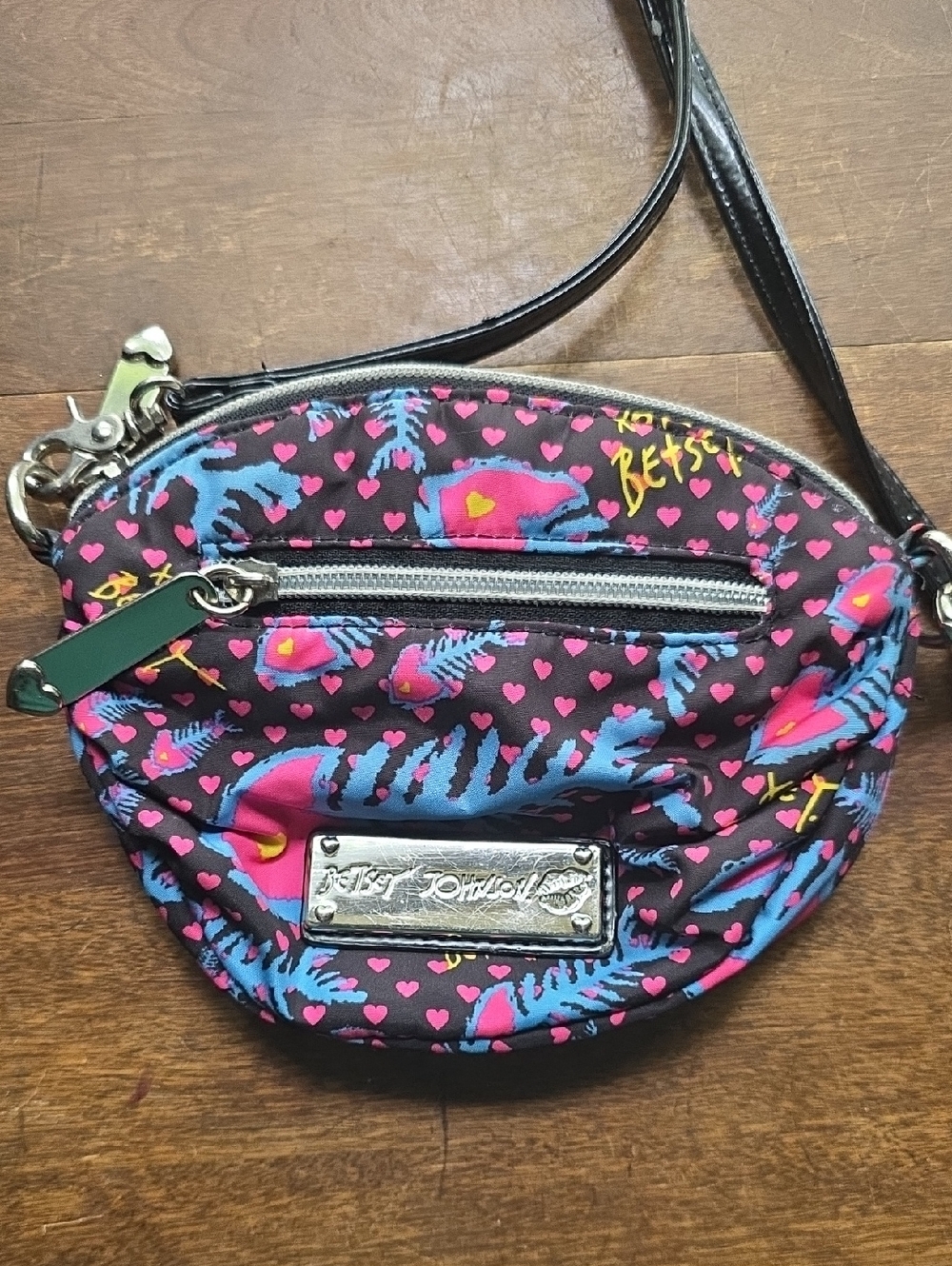Betsey Johnson Black Crossbody with Pink & Blue Heart / Fishbone Print